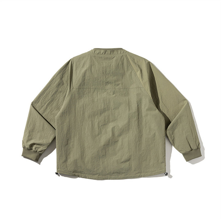 Unisex Lightweight Boxy Field Jacket without Collar with Raglan Sleeves, Patch Flap Pockets and Drawstring Mune Fashion