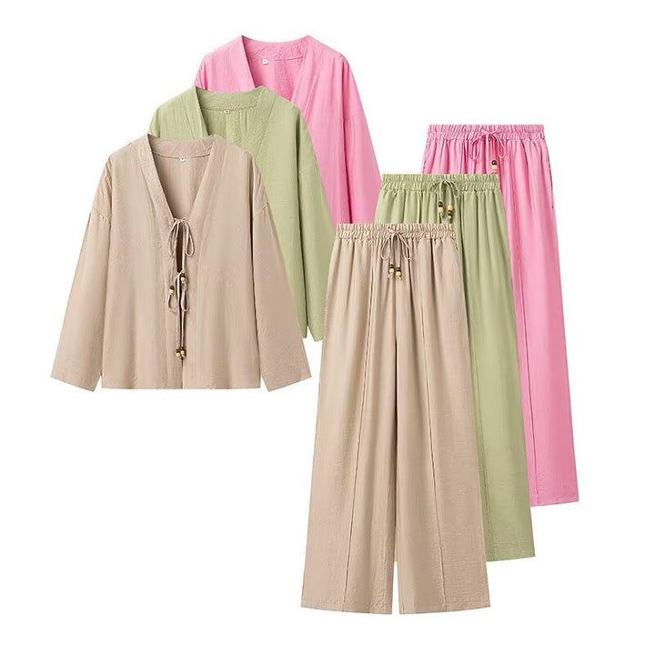 Women Two-Piece Lightweight Lounge Set with V-Neck, Drawstring Pants and Wide Leg Mune Fashion