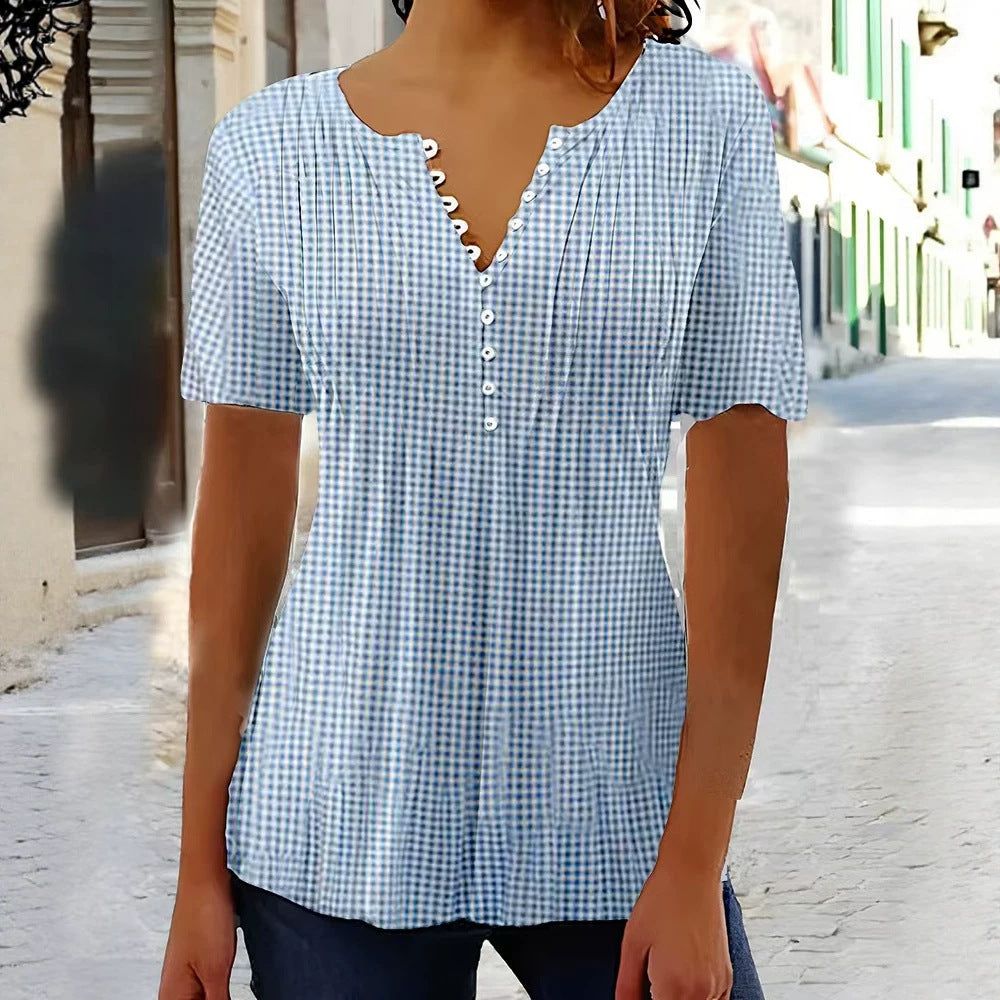 Ladies' lightweight checked blouse with V-neck, decorative button placket and tiered ruffle Mune Fashion