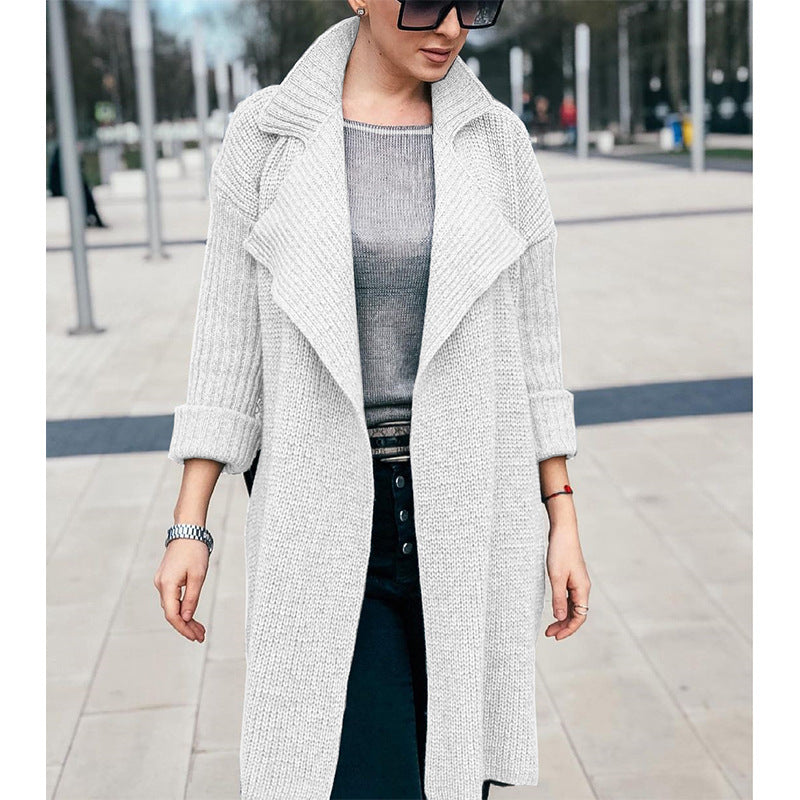 Women Long Open Knit Coat with Shawl Collar and Cuffed Sleeves Mune Fashion