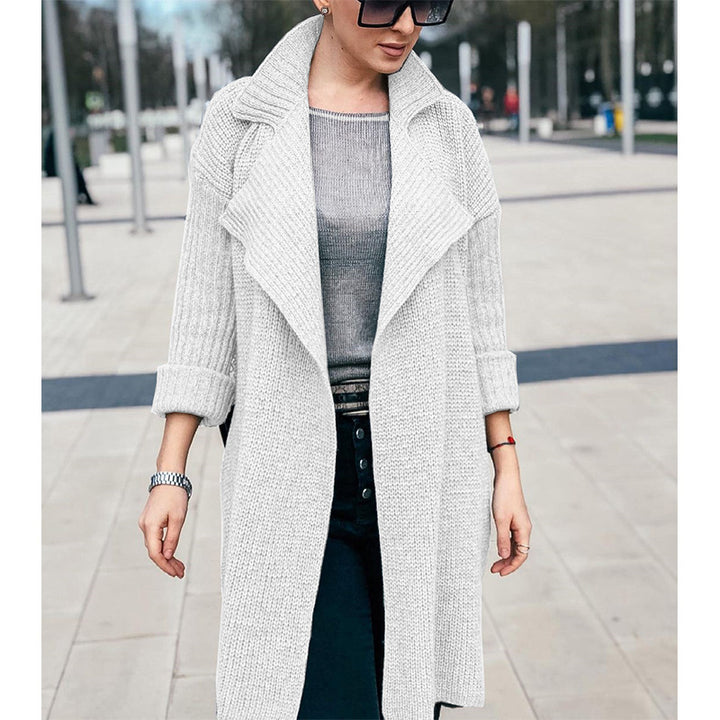 Women Long Open Knit Coat with Shawl Collar and Cuffed Sleeves Mune Fashion