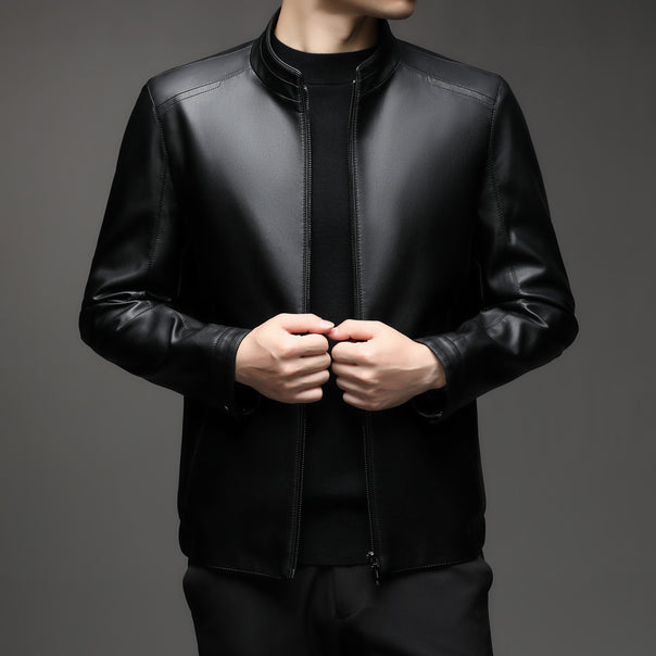 Men's lamb leather bomber jacket with warm lining and stand-up collar Mune Fashion