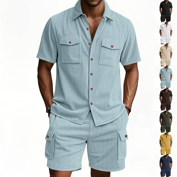 Men's structured short-sleeve shirt and bermuda set with flap pockets and elastic waistband Mune Fashion