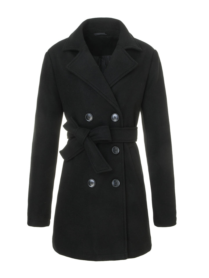 Women's tailored double-breasted wool coat with tie belt and lapel collar Mune Fashion