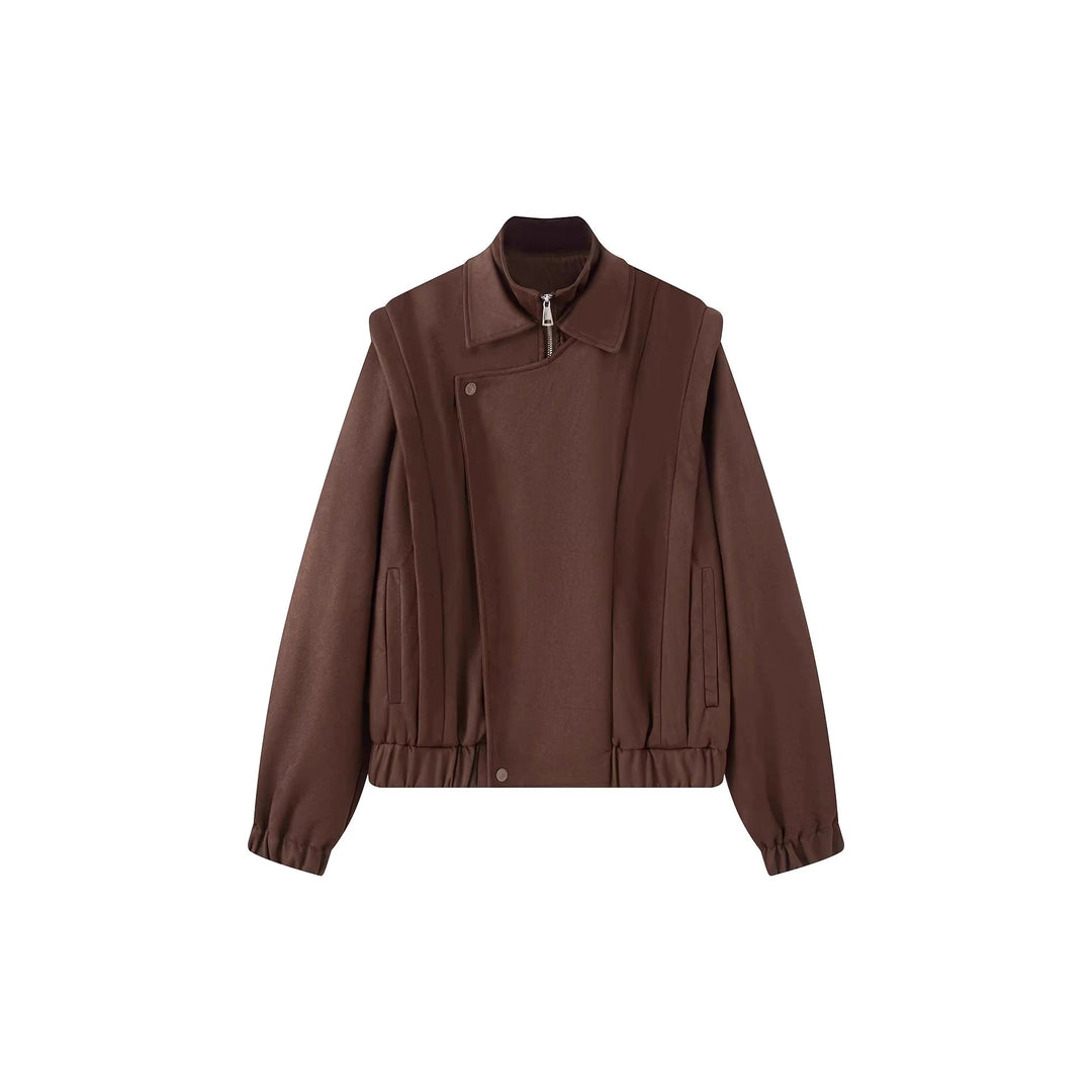 Women's short wool bomber jacket with asymmetrical zipper, stand-up collar, and elastic hem Mune Fashion