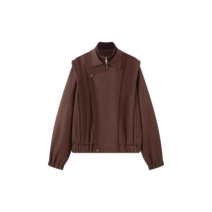 Women's short wool bomber jacket with asymmetrical zipper, stand-up collar, and elastic hem Mune Fashion