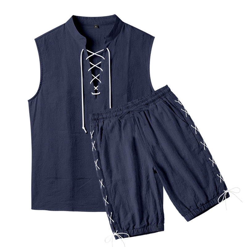 Men's sleeveless leisure set with lace collar and drawstring Bermuda Mune Fashion