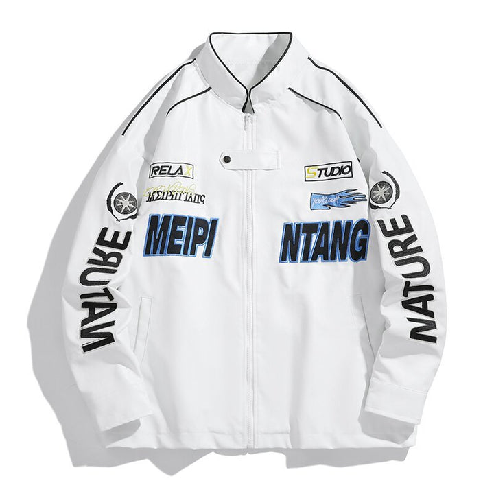 Men's embroidered utility training jacket in racing look with stand-up collar Mune Fashion