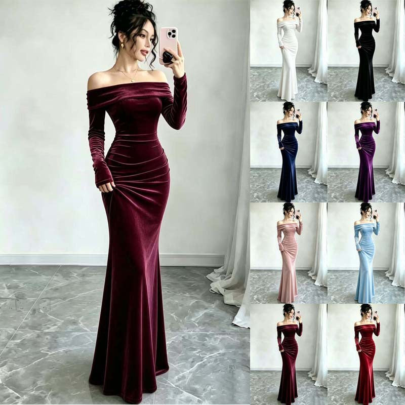 Women Long Velvet Evening Dress with Off-Shoulder Neckline and Deep Back Cutout Mune Fashion