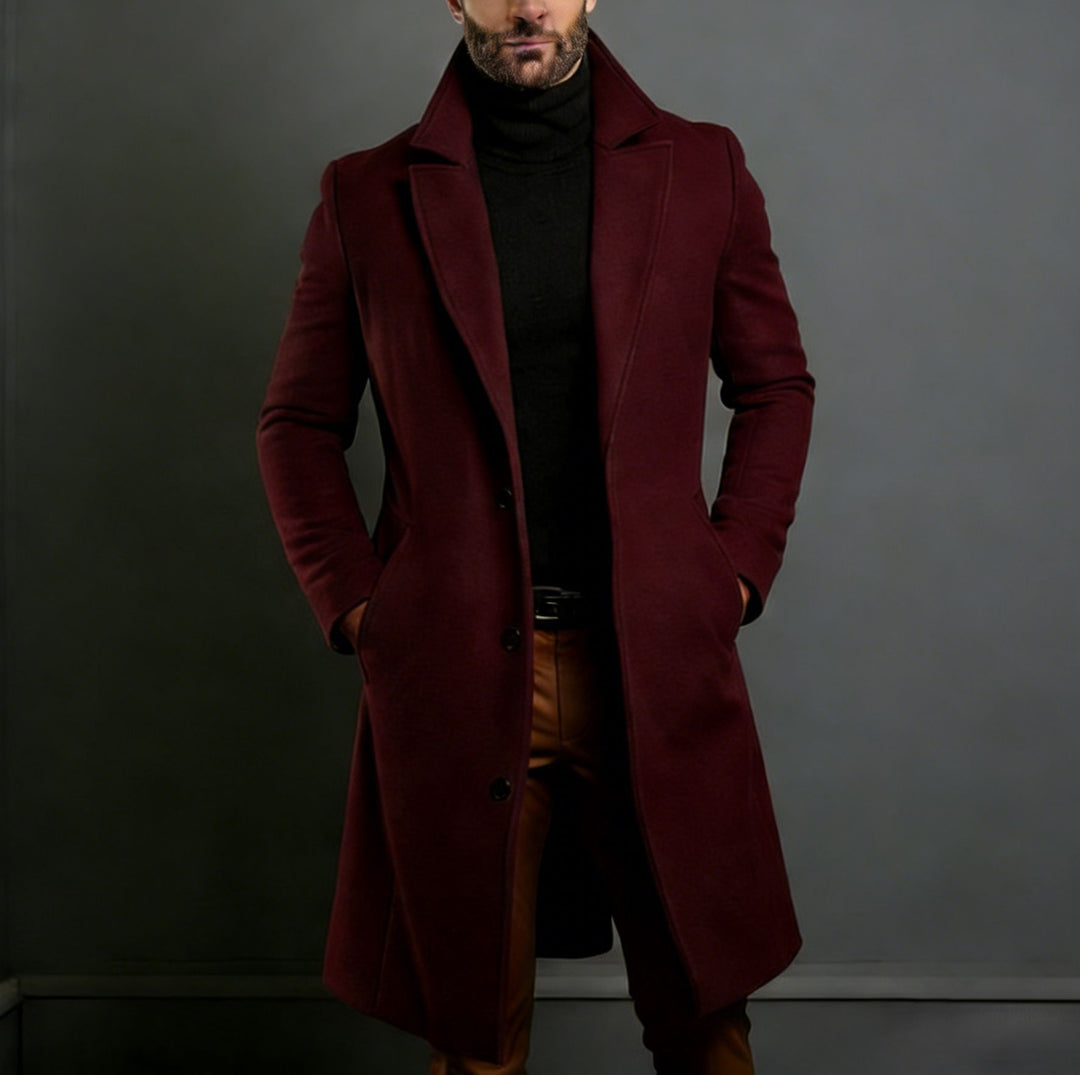 Men's Elegant Single-Breasted Long Coat Made of Wool Blend with Slim Silhouette and Lapel Collar Mune Fashion