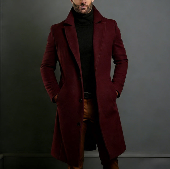 Men's Elegant Single-Breasted Long Coat Made of Wool Blend with Slim Silhouette and Lapel Collar Mune Fashion