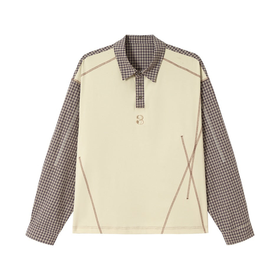 Unisex Oversize Long Sleeve Polo Shirt with Checked Sleeves, Shirt Collar and Decorative Topstitching Mune Fashion
