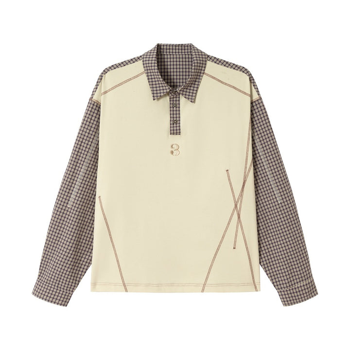 Unisex Oversize Long Sleeve Polo Shirt with Checked Sleeves, Shirt Collar and Decorative Topstitching Mune Fashion