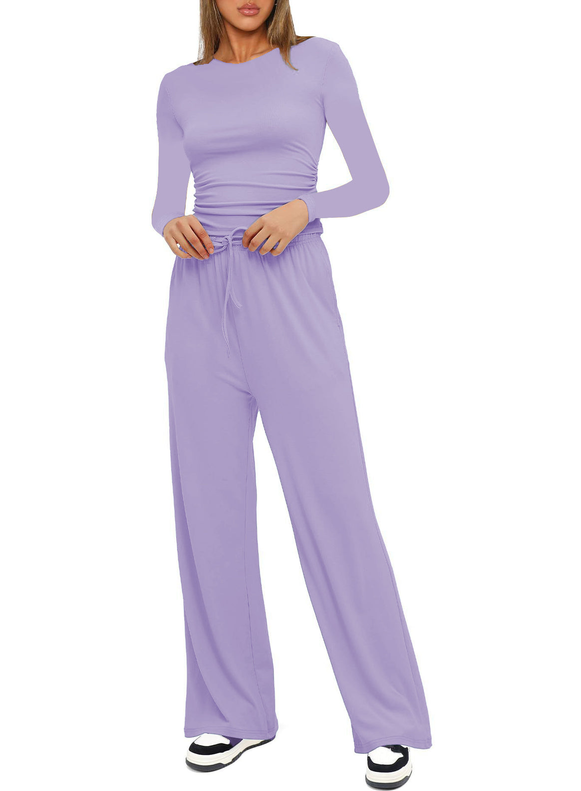 Women's Figure-Hugging Long Sleeve with Side Gathering and High-Waist Palazzo Jogging Pants Set Mune Fashion