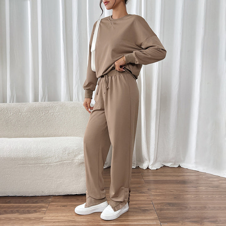 Women Casual Sweat Set with Oversized Crew Neck and High Waist Pants with Button Cuff Mune Fashion