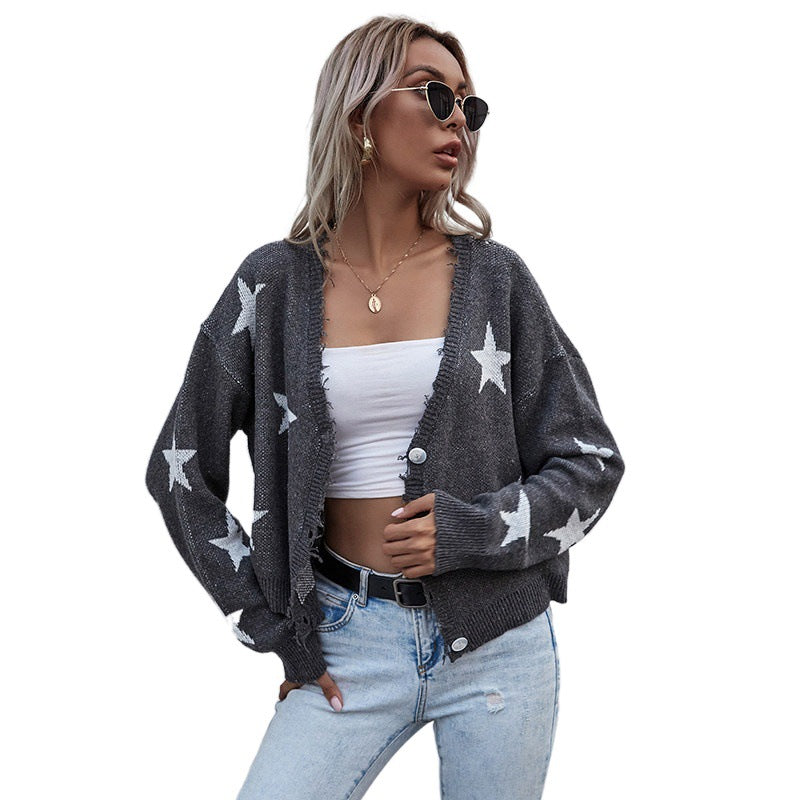 Women Casual Cardigan with Star Print and Button Details Mune Fashion