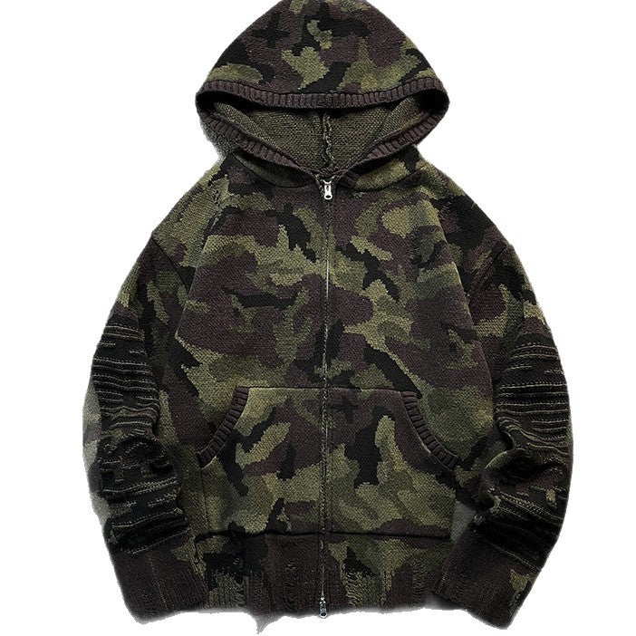 Men's knit hoodie jacket in camouflage look with zipper and used details Mune Fashion