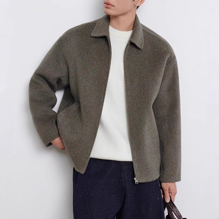 Men's Short Cut Wool Blend Transitional Jacket with Zipper and Shirt Collar Mune Fashion