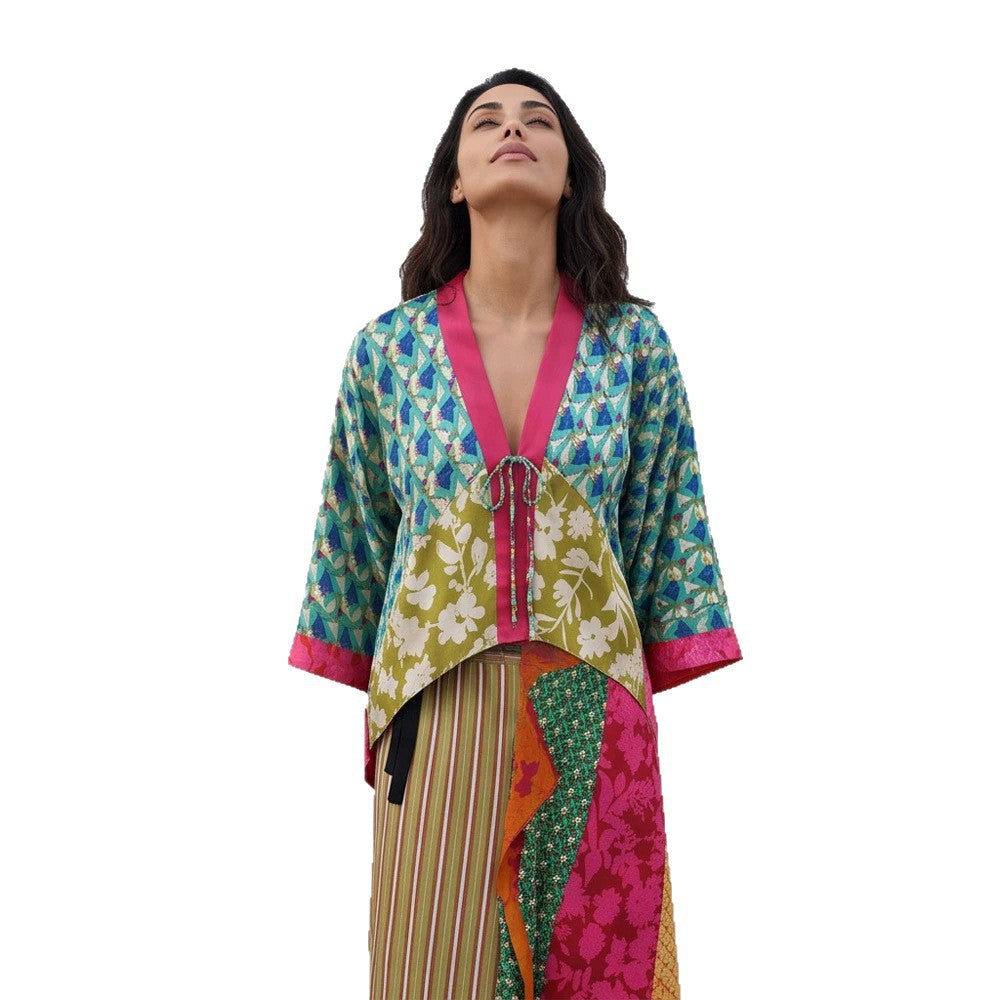 Women's Patchwork Kimono Top made of silk blend with deep V-neck and tie belt Mune Fashion
