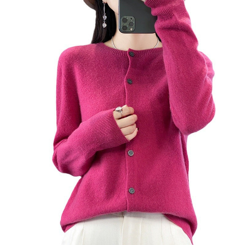 Women Lightweight Fine Knit Cardigan with Cashmere Look, Round Neckline and Hidden Button Placket Mune Fashion