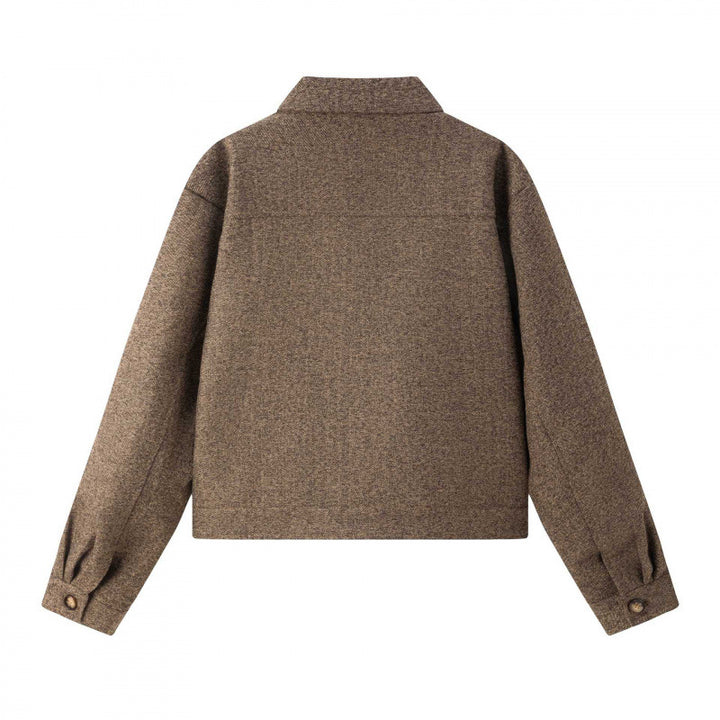 Ladies short cut boxy shirt jacket made of wool blend with lapel collar and patch breast pockets Mune Fashion