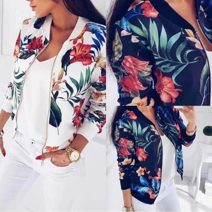 Women's Lightweight Bomber Jacket with Floral Allover Print, Zipper and Ribbed Cuffs Mune Fashion