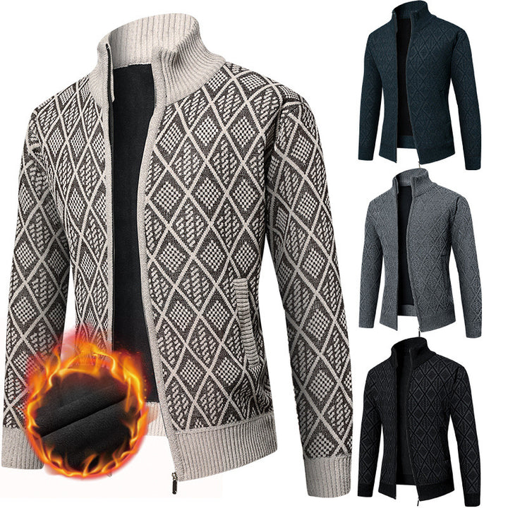 Men's Thermal Knit Zip Jacket with Jacquard Pattern and Fleece Lining Mune Fashion