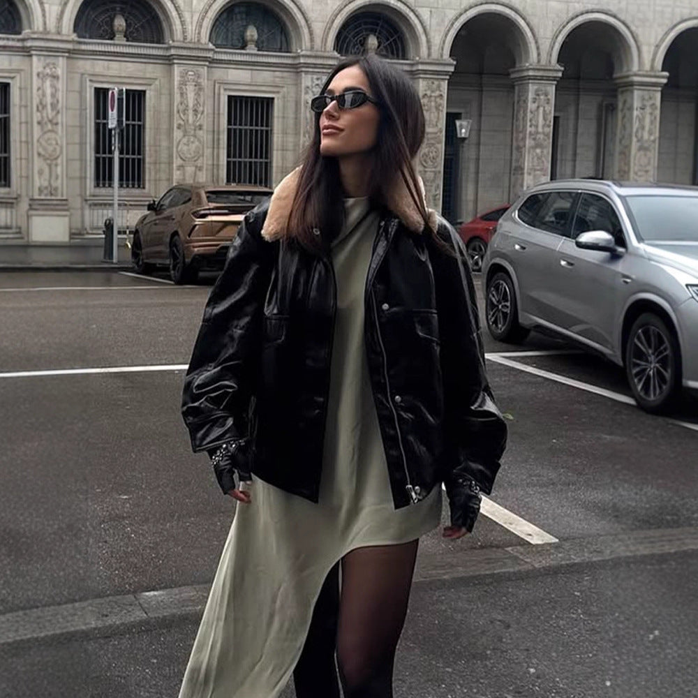 Women's Shiny Oversized Faux Leather Bomber Jacket with Voluminous Faux Fur Collar Mune Fashion