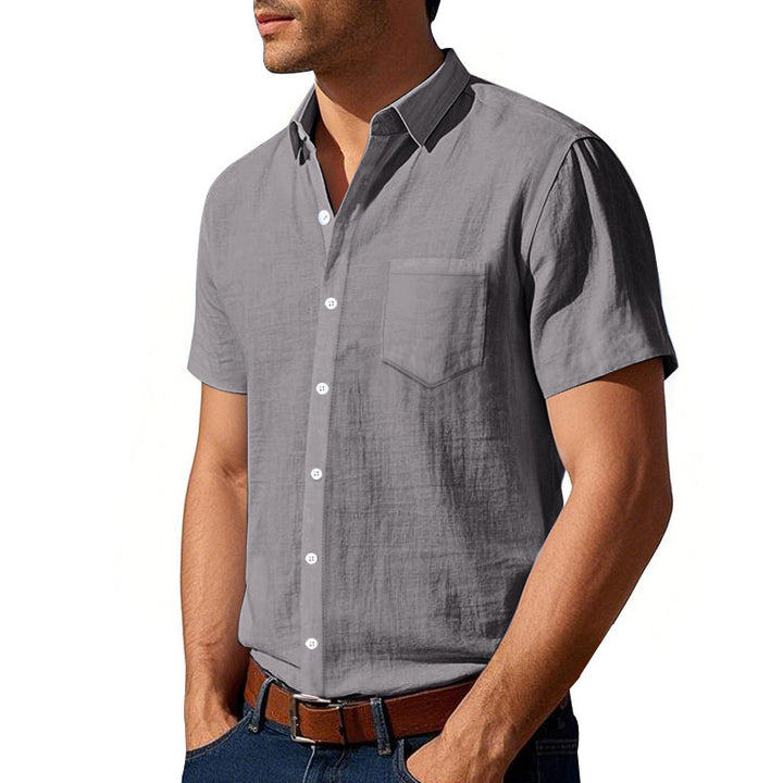 Men's short-sleeved textured shirt made of breathable slub linen with a spread collar, chest pocket, and straight hem Mune Fashion