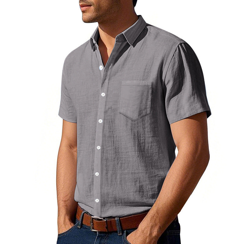 Men's short-sleeved textured shirt made of breathable slub linen with a spread collar, chest pocket, and straight hem Mune Fashion
