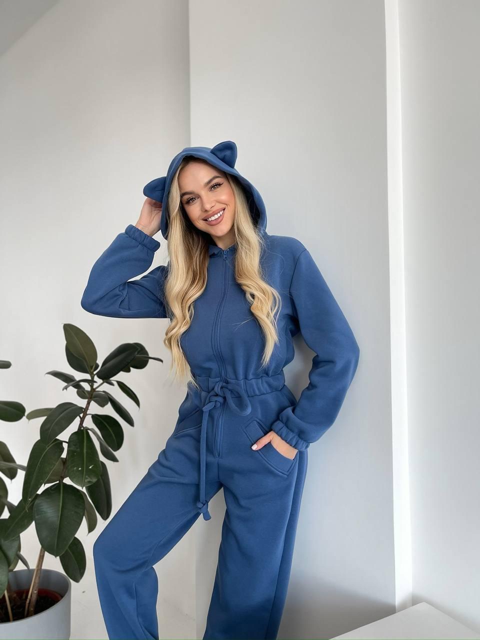 Women Cozy Hooded Overall with Cat Ears and Waist Drawstring Mune Fashion