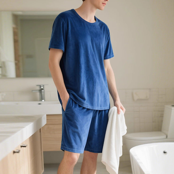 Men's velour lounge set with round neck short sleeve shirt and drawstring shorts Mune Fashion
