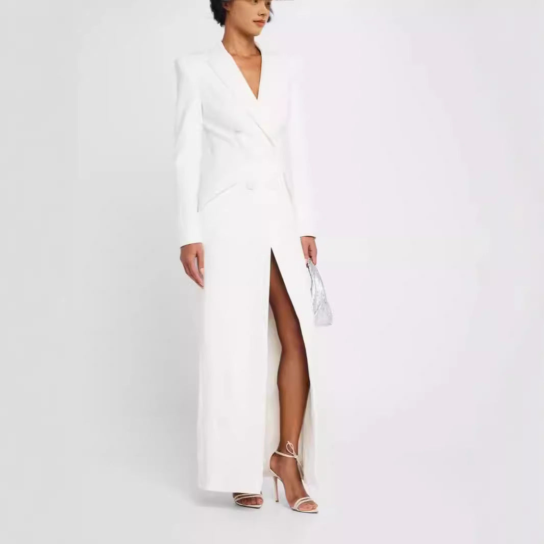 Women Blazer Dress Maxi Dress with Double Breasted, tailored silhouette and high front slit Mune Fashion
