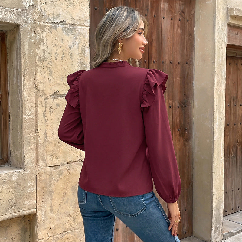 Women's ruffle blouse with stand-up collar, V-neck and decorative button placket Mune Fashion