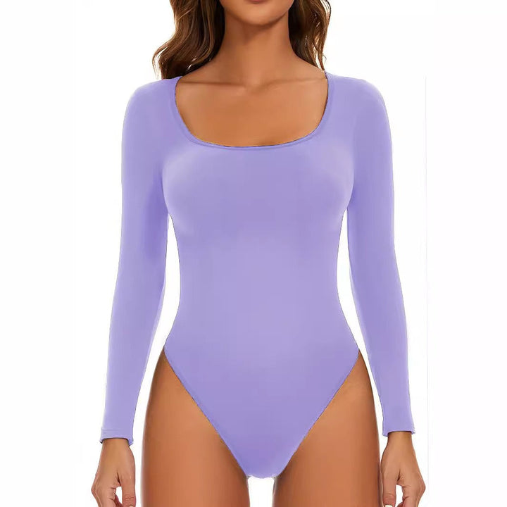 Women's Long Sleeve Bodysuit with Deep Neckline and Figure-Hugging Fit Mune