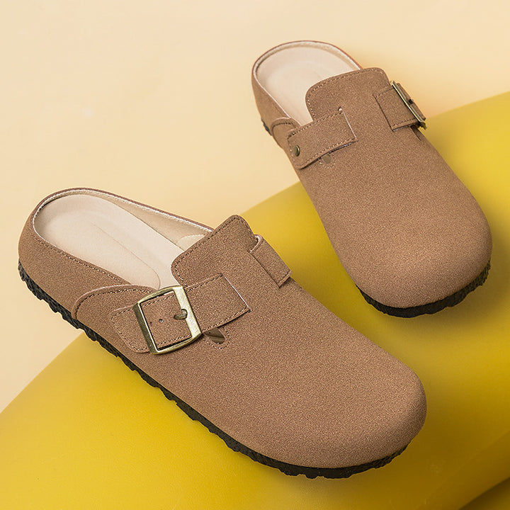 Women's comfortable nubuck slipper clog with adjustable brass buckle and ergonomic memory footbed Mune Fashion