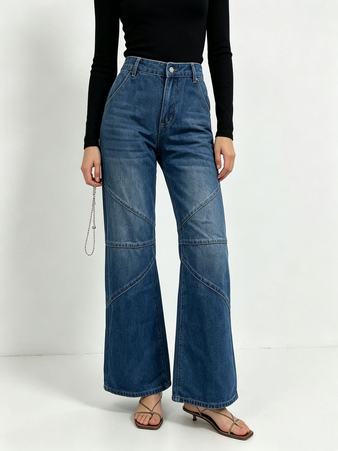 Women's wide jeans with high waist, curved decorative seams and wide leg Mune Fashion