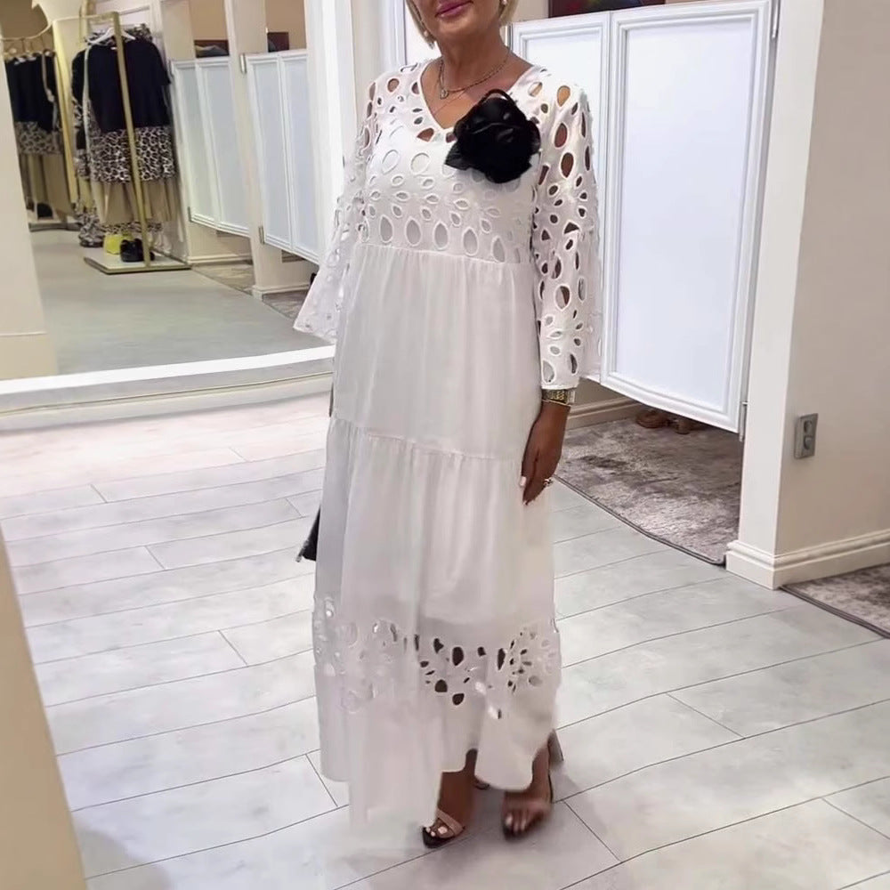 Women's maxi dress with openwork embroidery, V-neck, wide bell sleeves, and tiered hem Mune Fashion