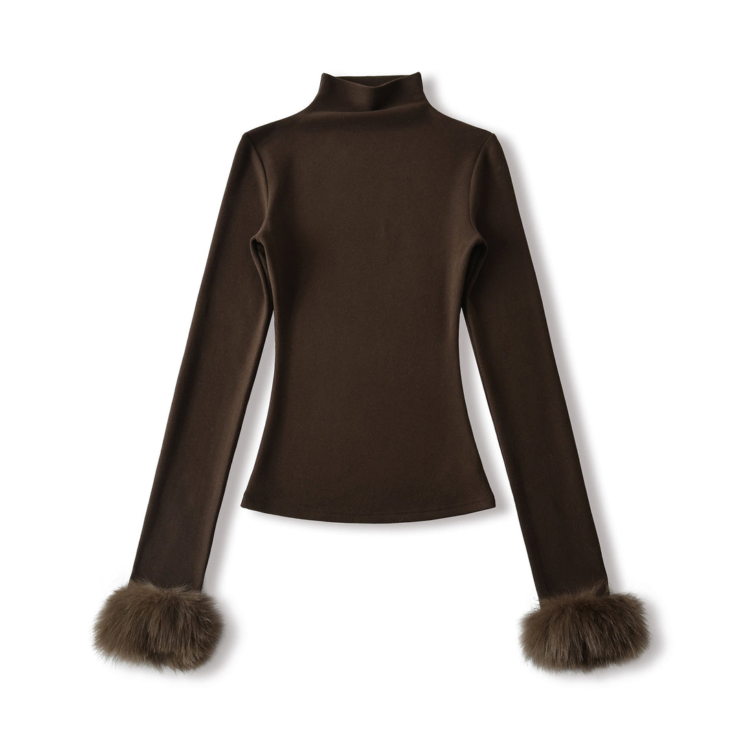 Women's Fitted Turtleneck Top with Faux Fur Cuffs Mune Fashion