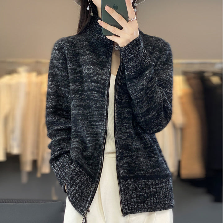 Women's zip-up cardigan with mottled texture and stand-up collar Mune Fashion