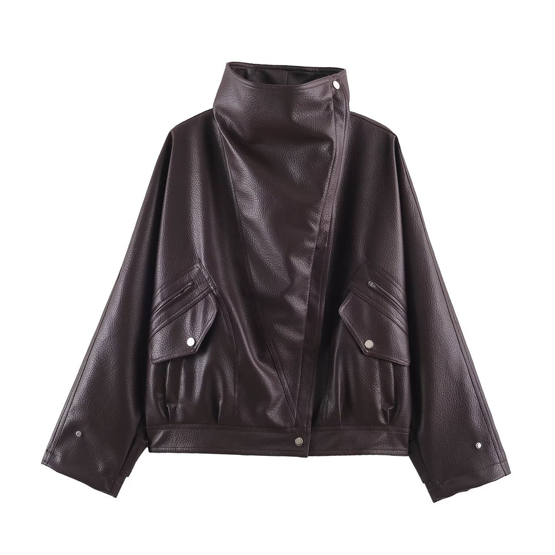 Women's Oversized Faux Leather Cape Jacket with High Standing Collar and Flap Pockets Mune Fashion