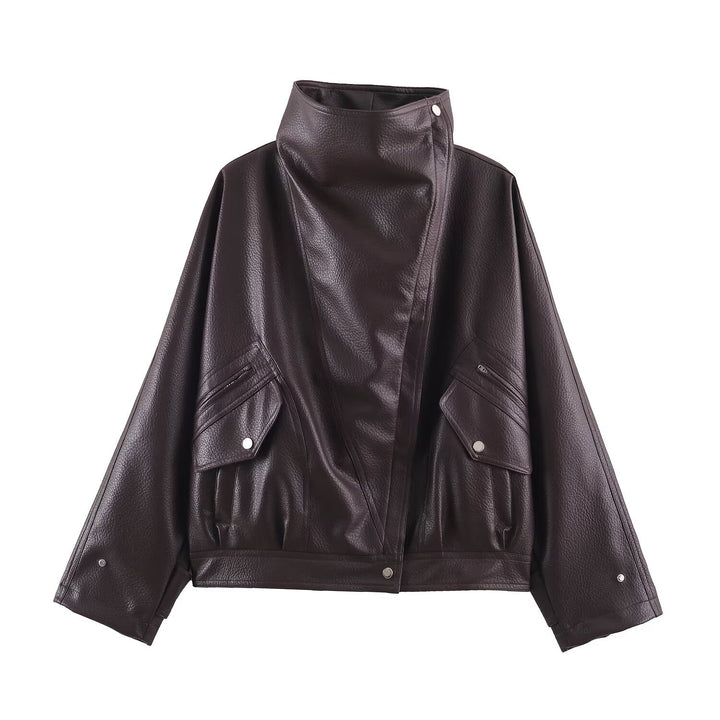 Women's Oversized Faux Leather Cape Jacket with High Standing Collar and Flap Pockets Mune Fashion