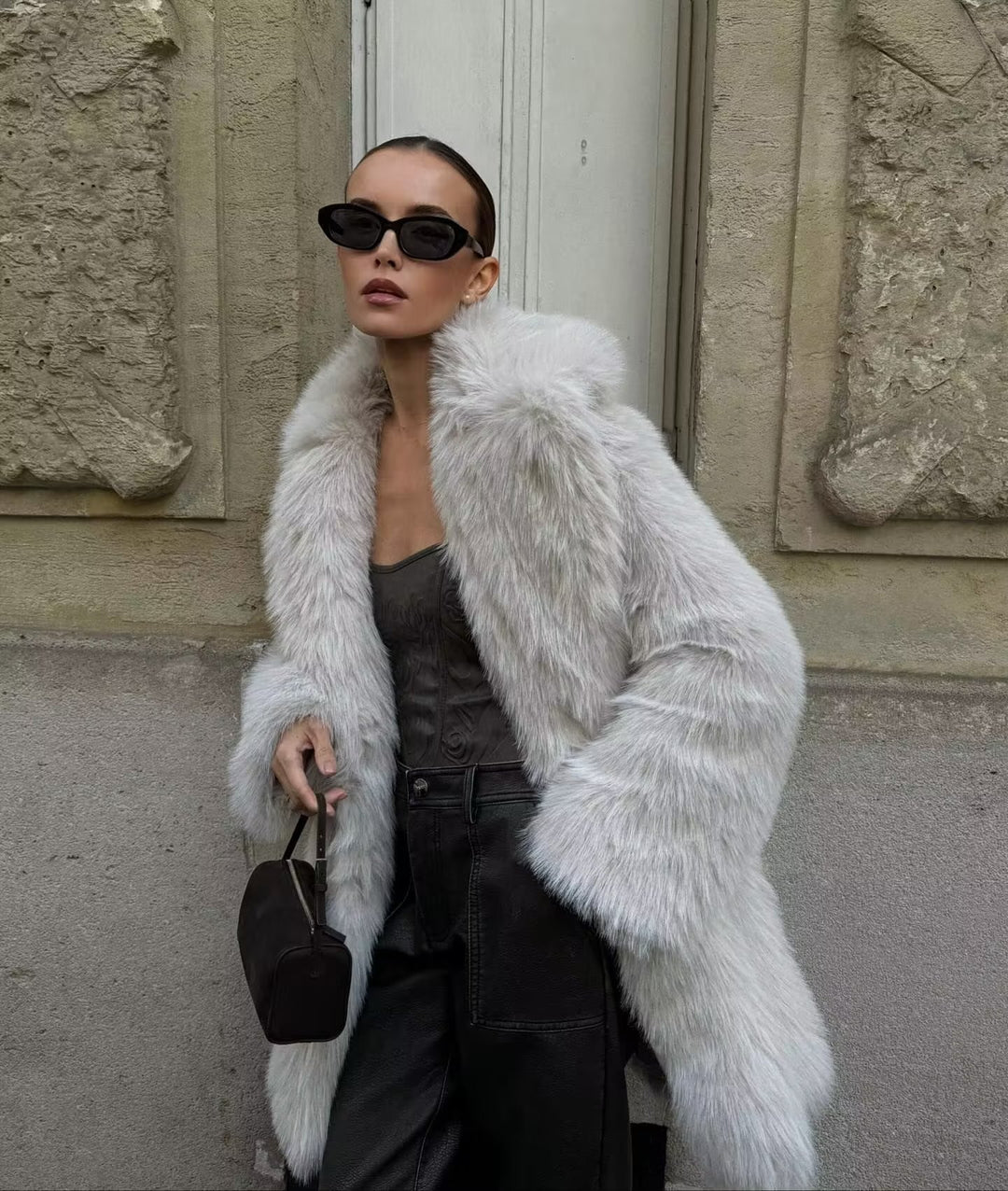 Ladies Short Luxurious Faux Fur Coat with Voluminous Shawl Collar and Boxy Silhouette Mune Fashion