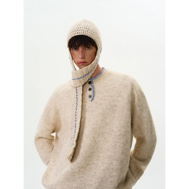Men's chunky knit Henley pullover with boucle look and contrast cuffs Mune Fashion