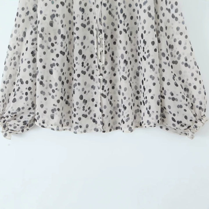 Women Transparent Chiffon Blouse with Polka Dot Print, Stand Collar and Voluminous Ruffle Sleeves Mune Fashion