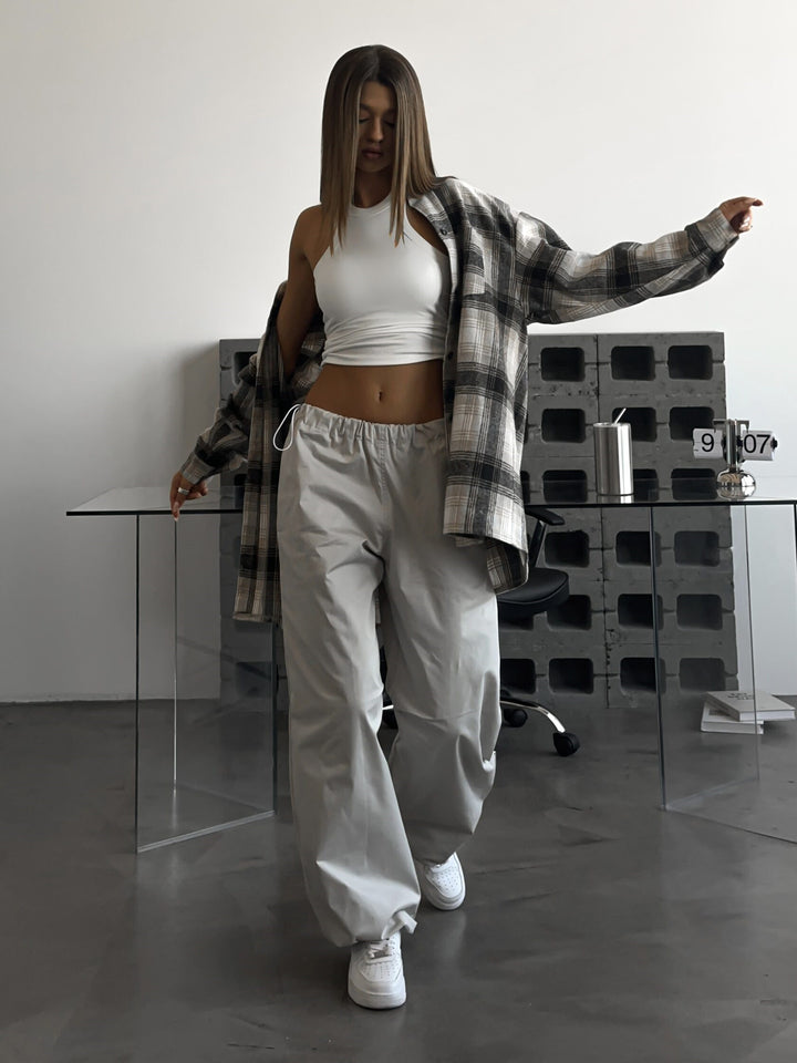 Women's wide high-cut leisure pants with an elastic waistband and deep crotch Mune Fashion