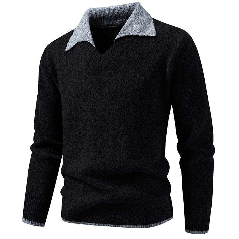 Men's fine knit sweater with shirt collar and V-neck Mune Fashion