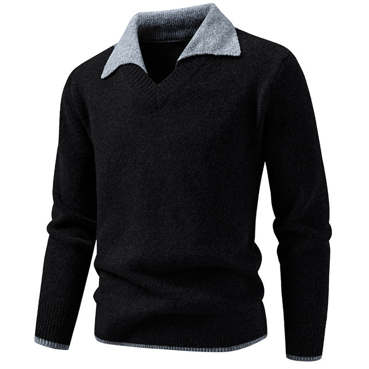 Men's fine knit sweater with shirt collar and V-neck Mune Fashion