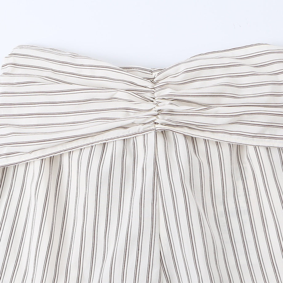 Women Wide Highwaist Trousers with Vertical Stripes and Tied Belt Mune Fashion