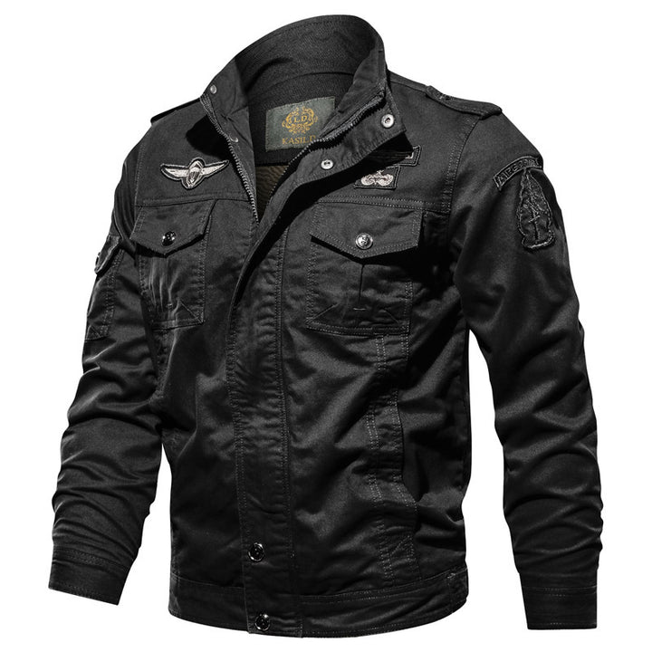 Men's Military Canvas Field Jacket with Stand Collar Shoulder Epaulettes and Multifunctional Pockets Mune Fashion